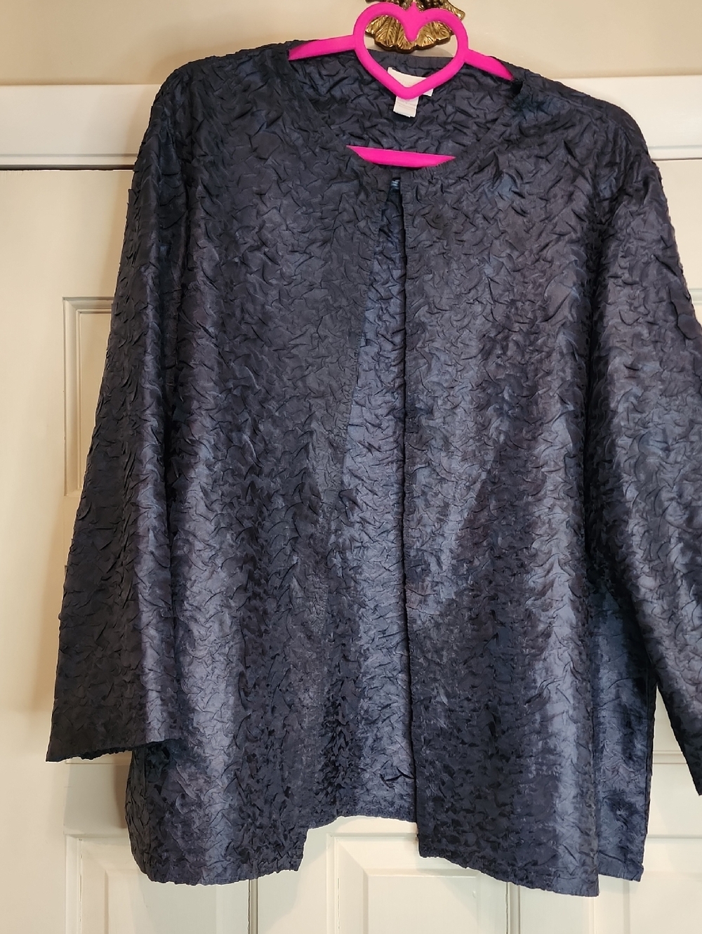 Chico's Blue Gray Krinkle Material Dressy Classy Jacket Open Front, 2 Pockets.